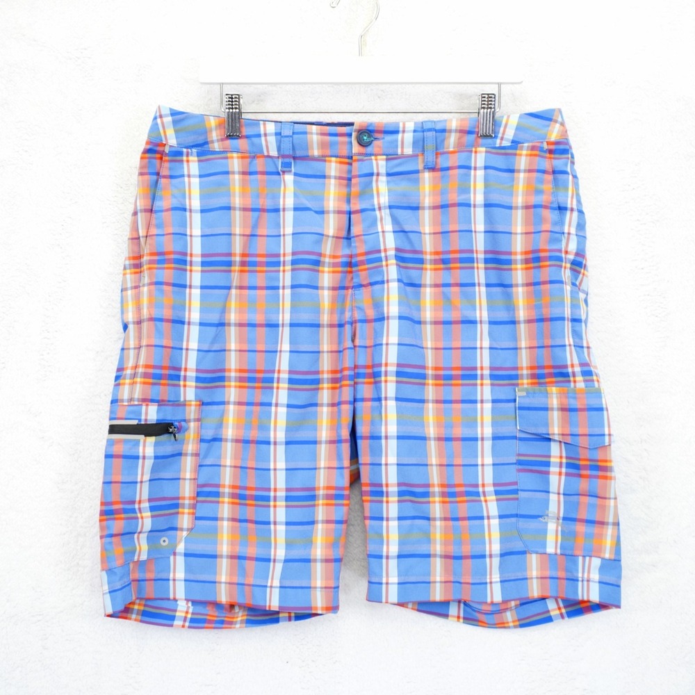 Tommy Bahama Island Active Swim Material Cargo Shorts Blue Orange Plaid 36 / 9.5